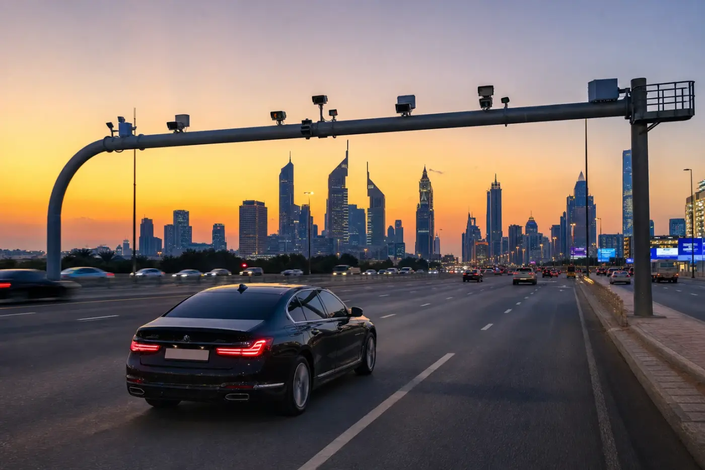 UAE traffic radar enforcement scene on Dubai highway with rental vehicle in lane