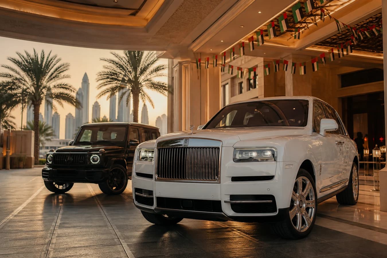 UAE National Day luxury car rental road trip: Cullinan and G-Class presence at a Dubai hotel porte-cochère with festive weekend energy