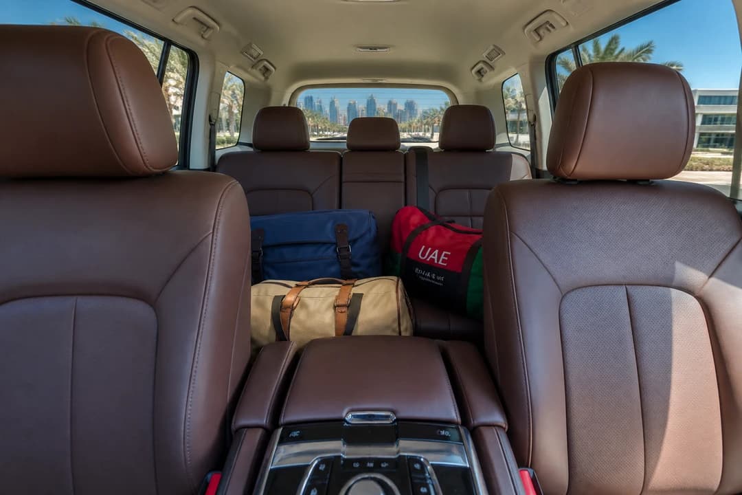 Luxury SUV cabin with soft weekend bags ready for best cars to rent Dubai on a National Day road trip