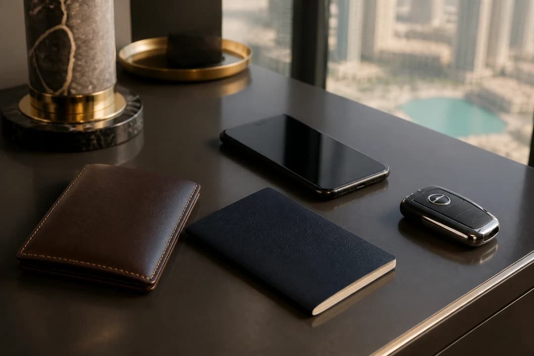 Dubai rental car documents for a UAE resident: closed card holder, licence booklet, and key on a home desk