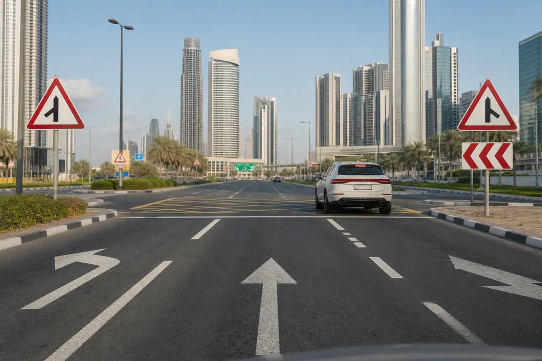 Dubai junction warning signs and painted lane arrows guiding a calm luxury hire through an arterial turn
