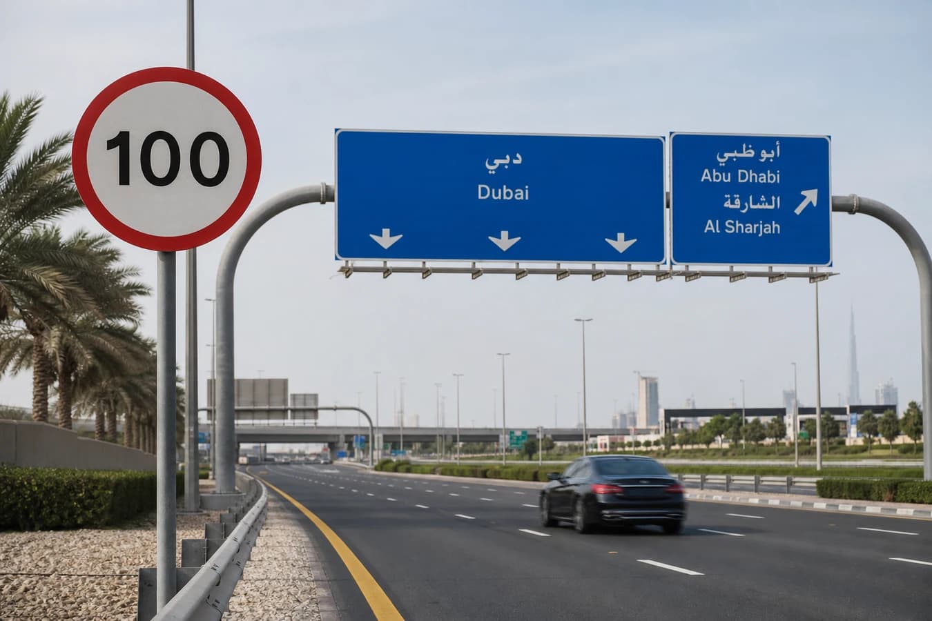 UAE road signs tourist driving Dubai: highway regulatory and directional signs above a multi-lane Dubai carriageway in daylight