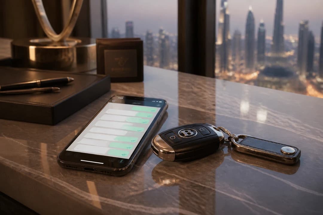 Dubai car rental payment: WhatsApp quote confirmation beside luxury car keys on a hotel console
