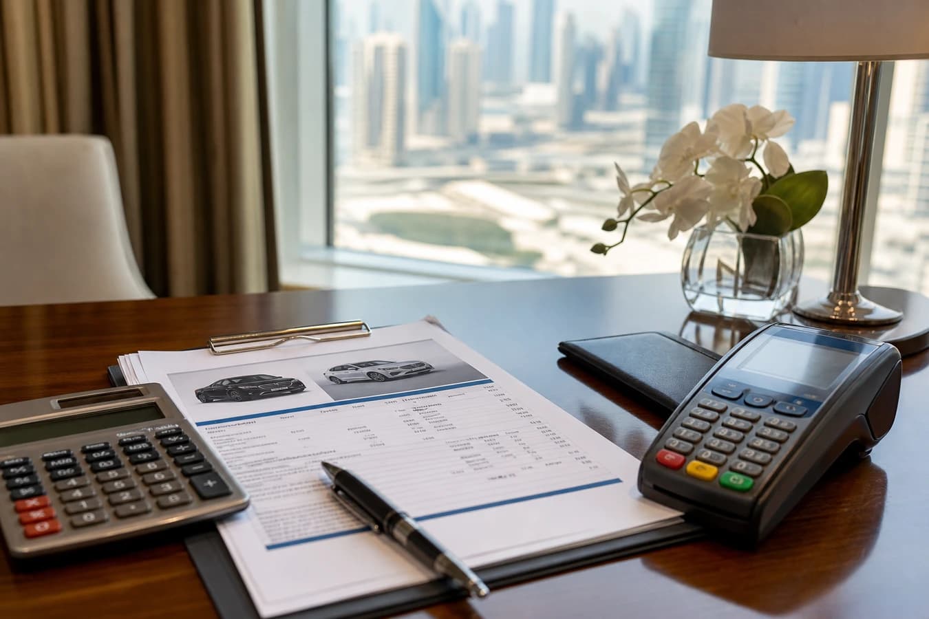 VAT luxury car rental Dubai: hire quote papers and card terminal on a hotel desk before payment
