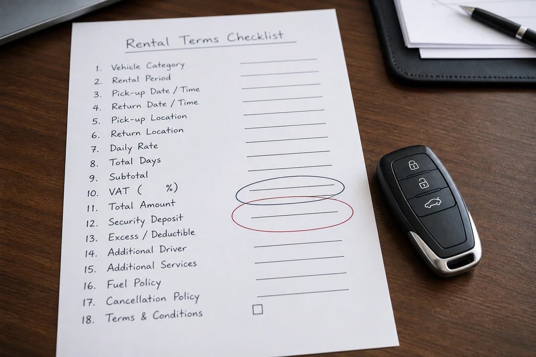Dubai rental terms checklist marking VAT and total beside a luxury car key for luxury car hire Dubai