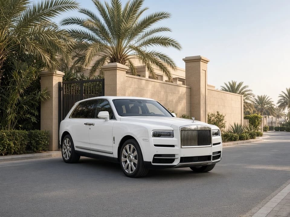 VIP car delivery Dubai with a Rolls-Royce Cullinan luxury SUV at a Palm Jumeirah villa gate in morning light