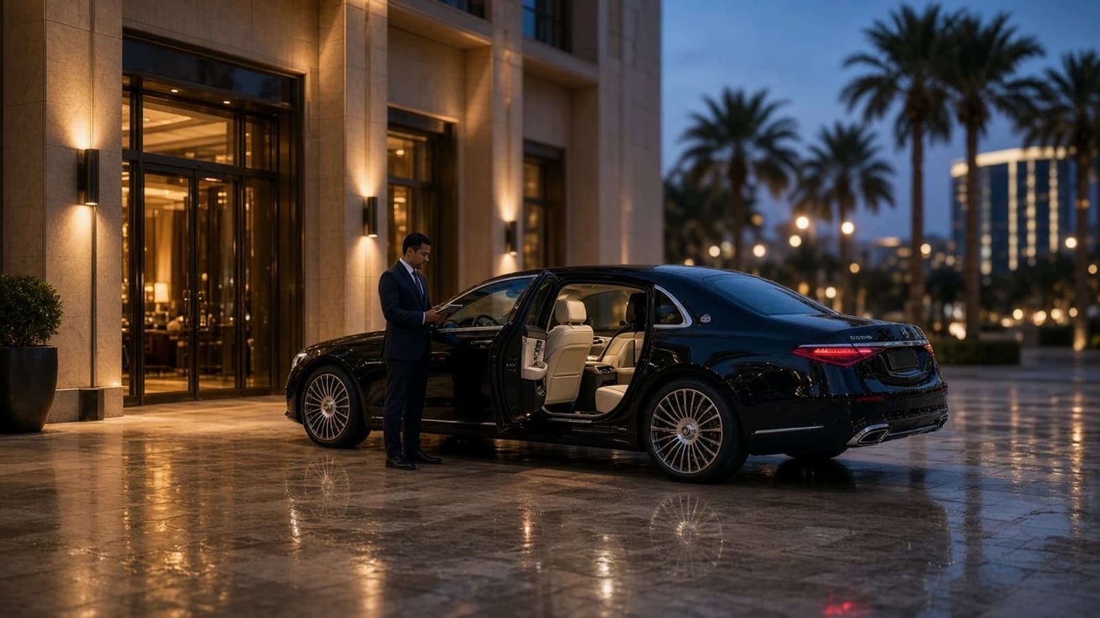 VIP car rental Dubai guide hero with a discreet Maybach sedan at a five-star hotel side entrance at dusk