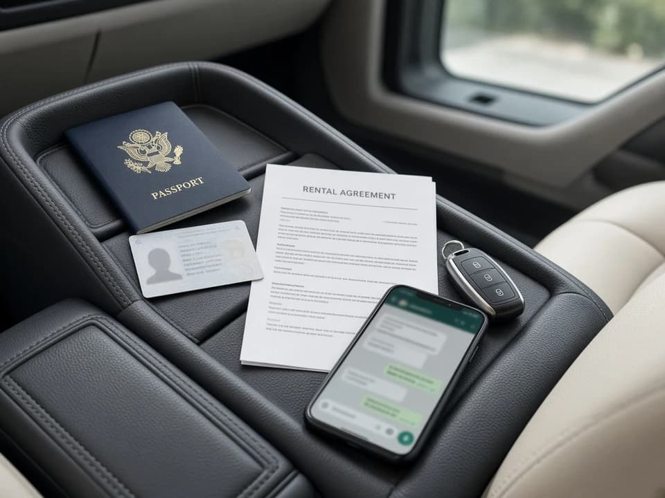 VIP rental documents checklist with passport, licence, agreement, and WhatsApp confirmation on a luxury cabin console