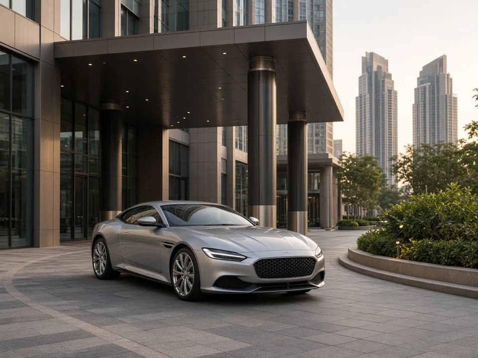 Midweek luxury car hire Dubai: silver coupe at a calm Downtown hotel driveway on a quiet Tuesday morning