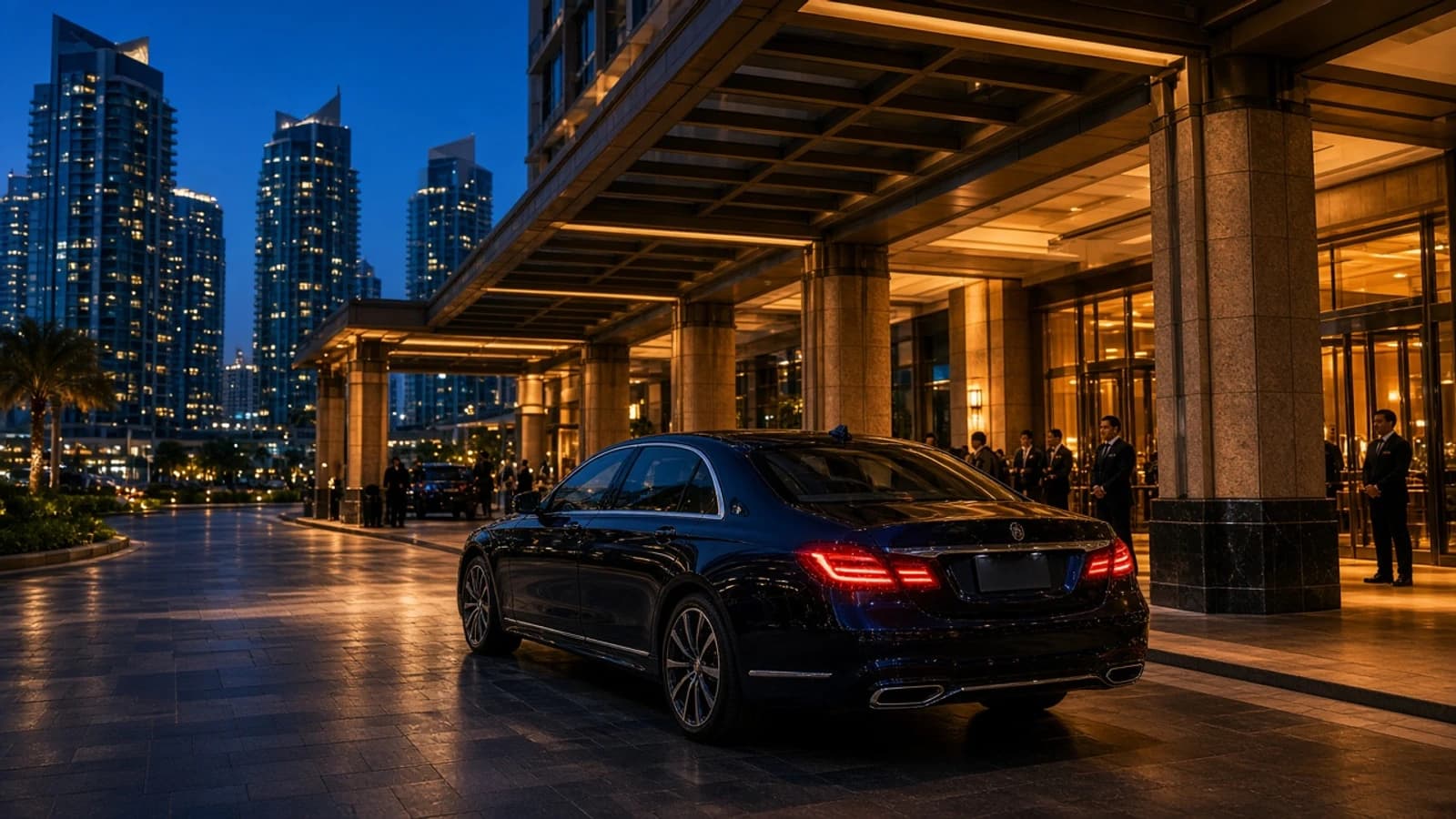 Weekend vs midweek luxury car rental Dubai: dark luxury sedan at a busy Marina hotel porte-cochère on Friday evening