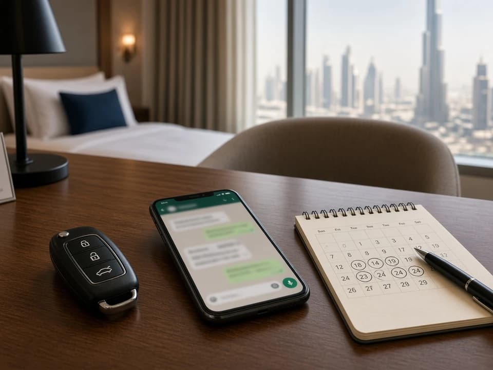Dubai car hire checklist comparing weekend and midweek dates beside keys before payment