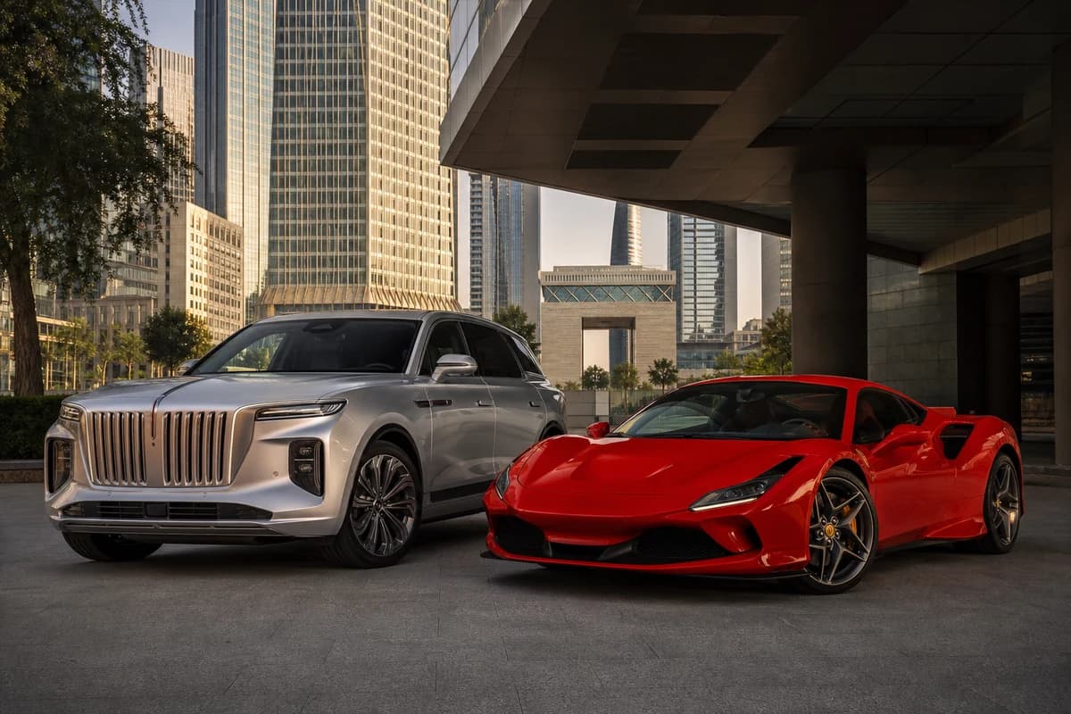 Luxury SUV and supercar at a DIFC tower podium for weekly rental class comparison