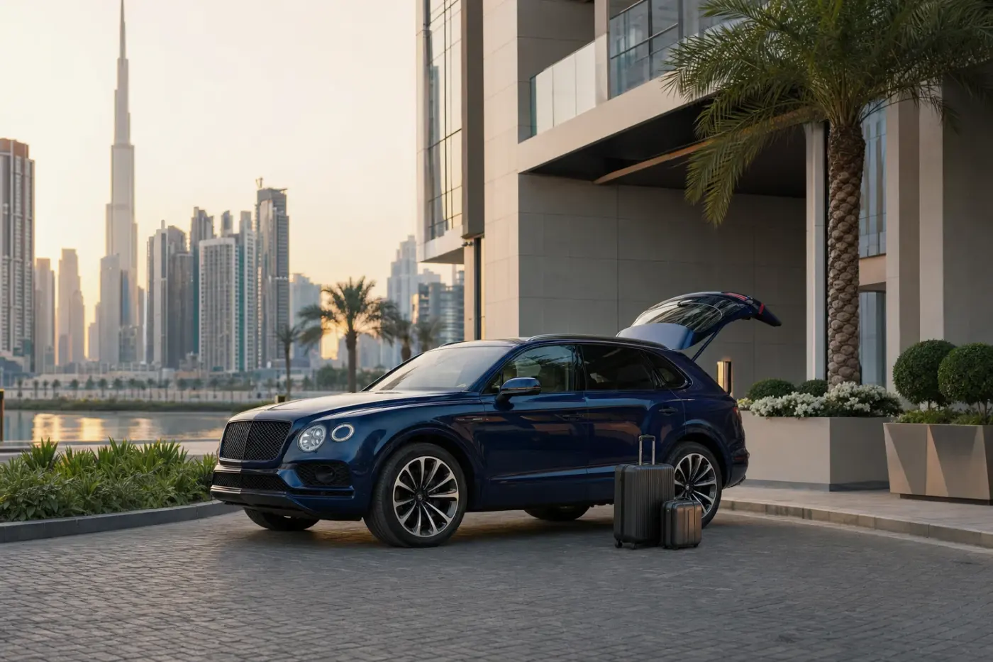 Weekly luxury car rental Dubai guide with a luxury SUV and luggage outside a Business Bay residence
