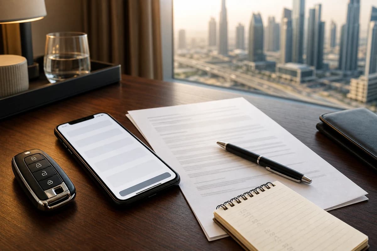 Seven-day rental contract, car key, phone, and mileage notes on a Dubai hotel desk