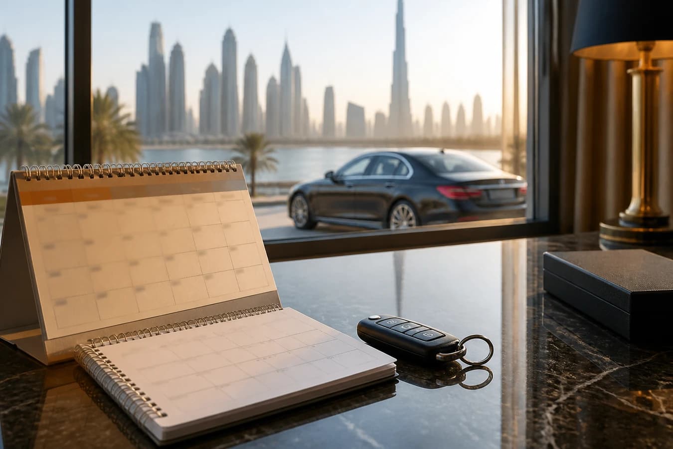 Weekly vs monthly luxury car rental Dubai hero with keys and planning notes beside a luxury sedan at a Dubai hotel desk