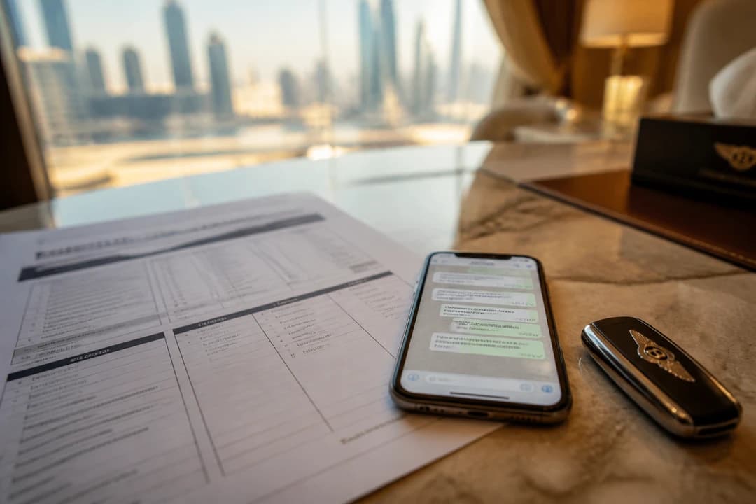 Weekly and monthly quote notes beside a key fob for luxury car hire Dubai duration comparison