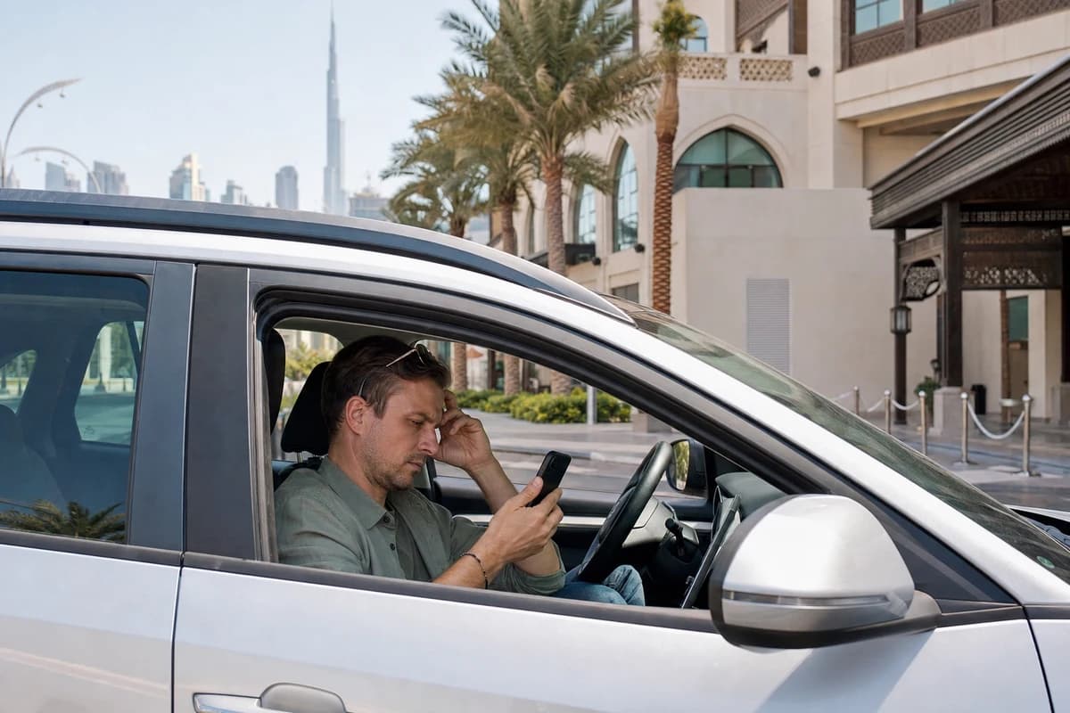 Rental car parked legally in Dubai while driver reviews unpaid fine consequences