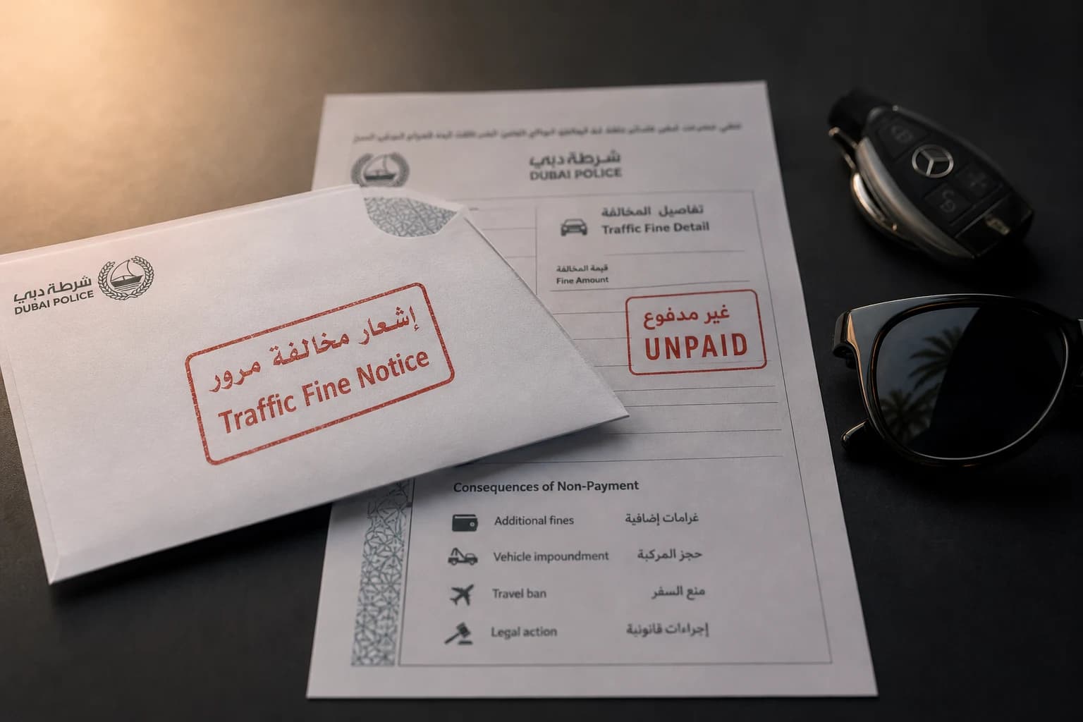 Dubai traffic fine follow up scene with rental documents and official notice context
