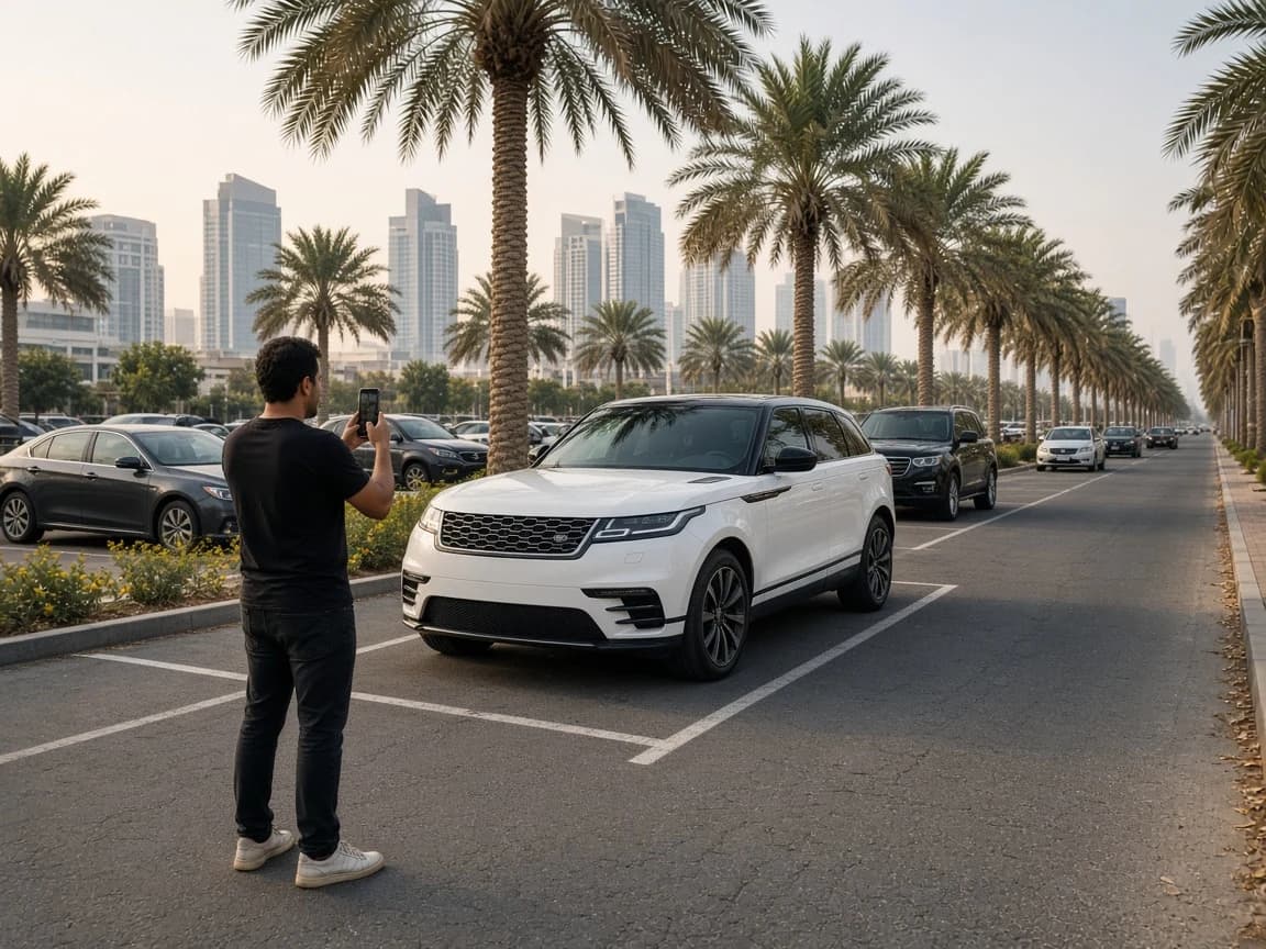 Driver taking a wide photo of a white rental SUV in a marked Dubai parking bay to record its position