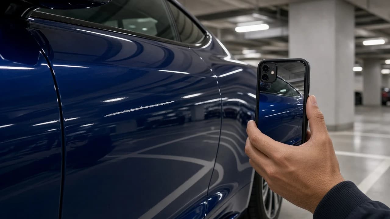 Scratched parked rental car in Dubai: driver photographing a fresh scratch on a blue coupe in a mall car park