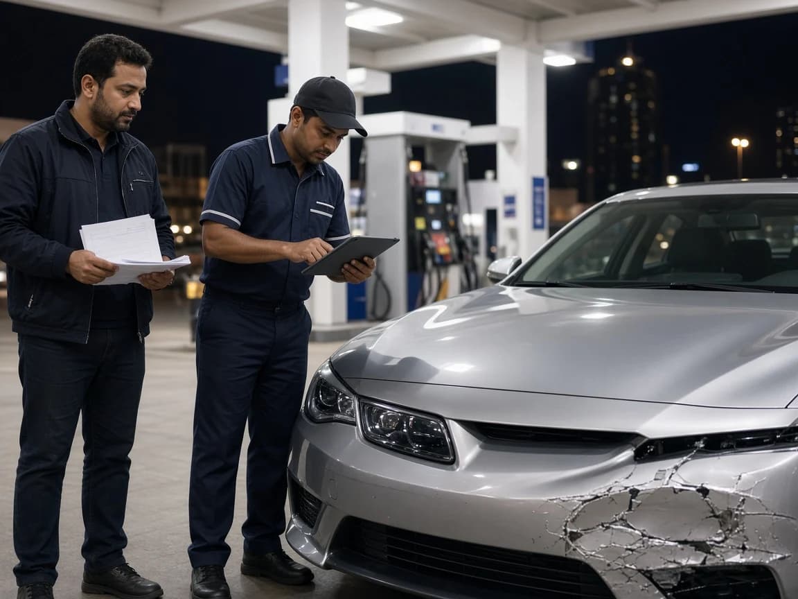 Fuel station attendant recording minor car damage on a tablet for an unknown accident report in Dubai
