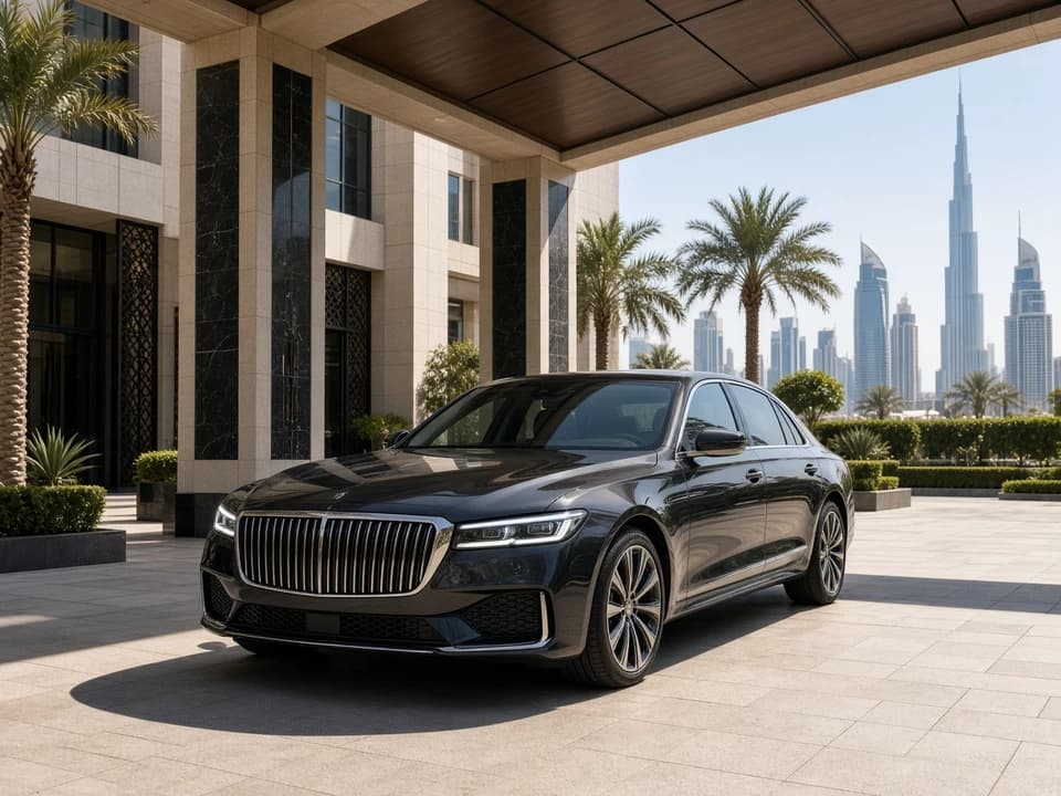Photographed luxury hire car at a Dubai hotel for Dubai car rental guide booking confirmation