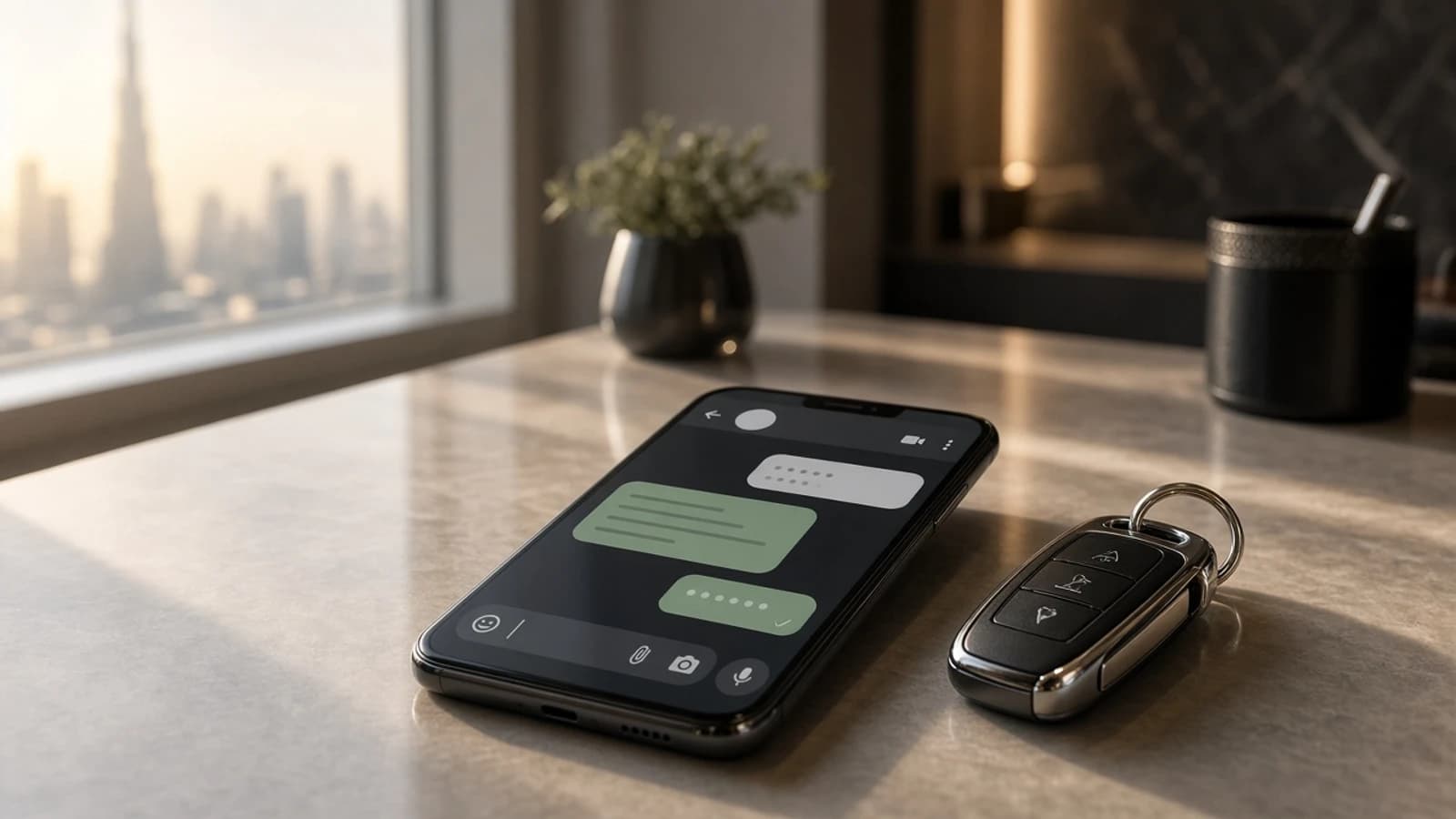 WhatsApp hold luxury car rental Dubai: phone chat confirmation beside keys on a hotel desk