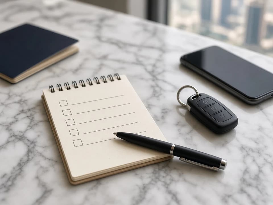 Hire checklist with model, dates, and handover door for WhatsApp hold luxury car rental Dubai