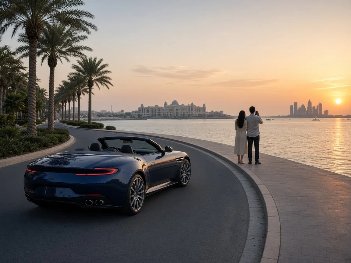 Couple photographing the sea beside a dark blue convertible grand tourer on a palm-lined Palm Jumeirah road at sunrise