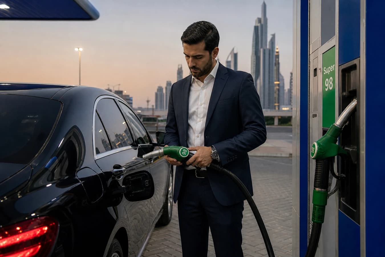 Wrong fuel rental car Dubai: luxury sedan at a Dubai petrol pump with driver checking Super 98 grade