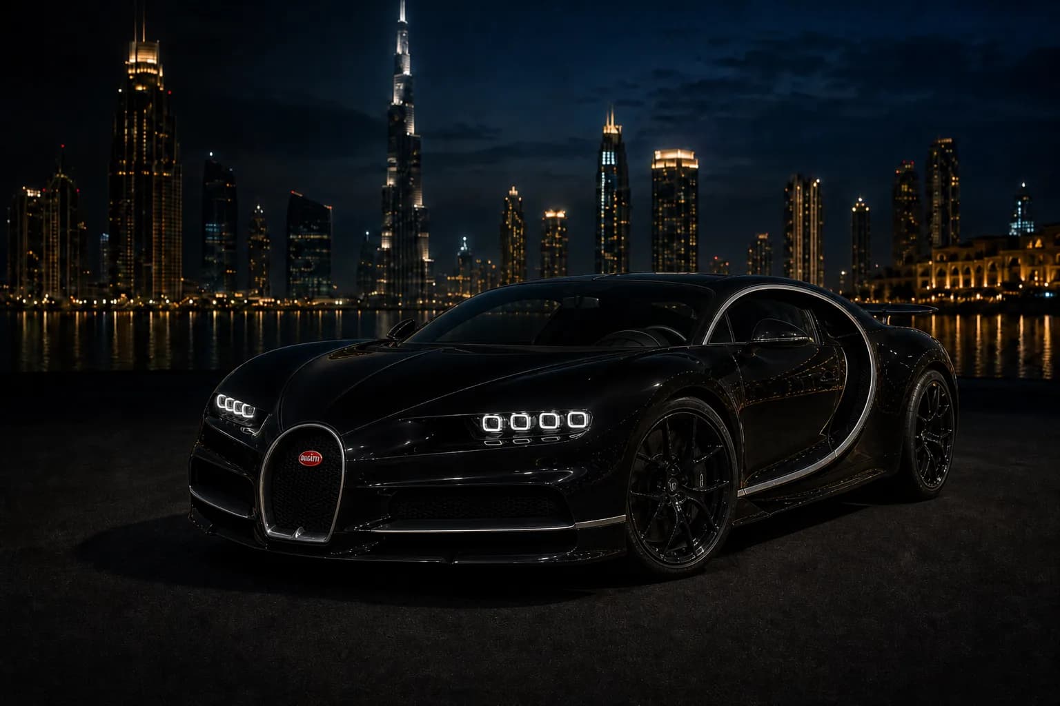 Bugatti rental Dubai skyline