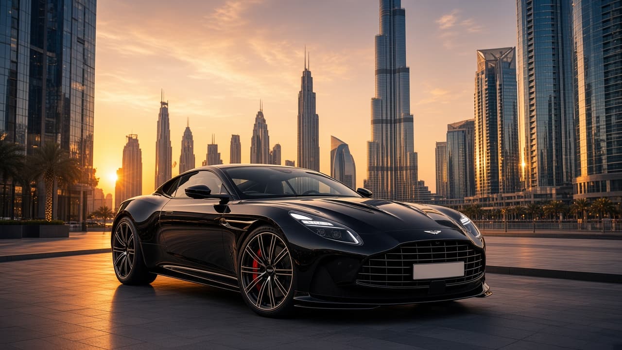 Aston Martin DB12 rental Dubai with Burj Khalifa skyline