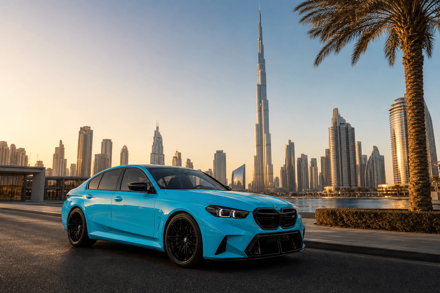 BMW M5 rental Dubai with Burj Khalifa skyline
