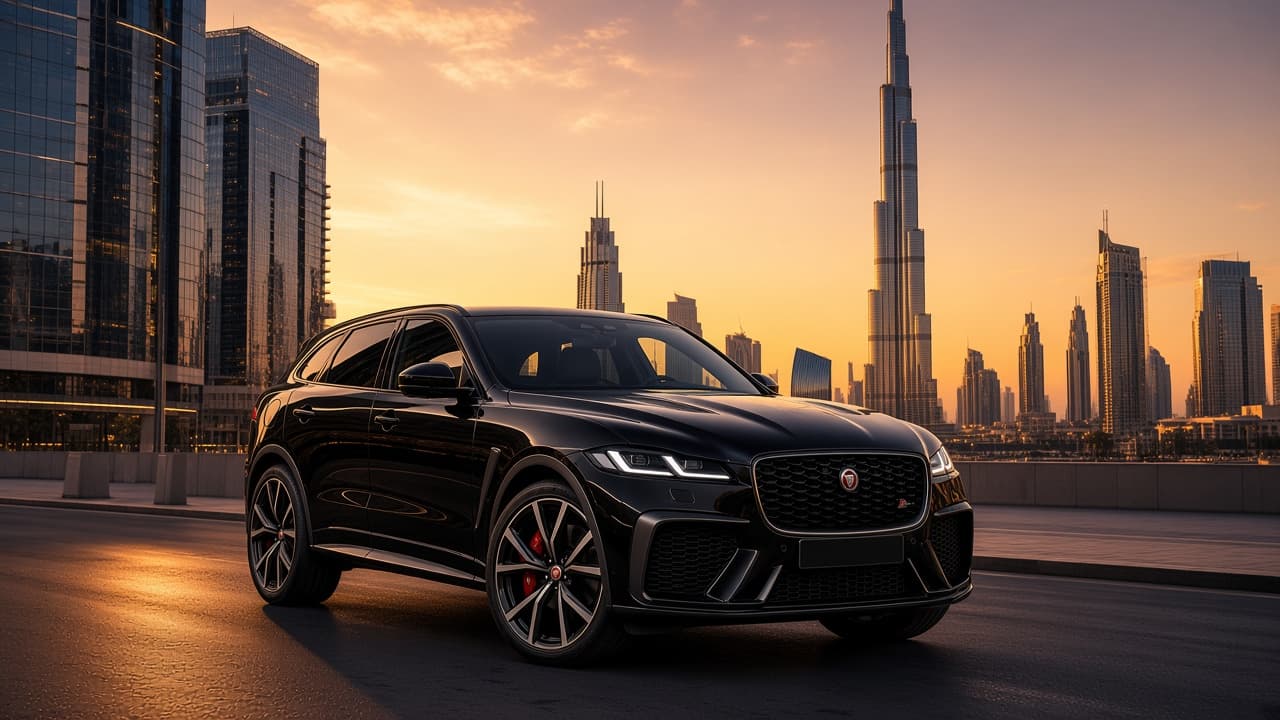Jaguar F-PACE SVR rental Dubai with skyline backdrop