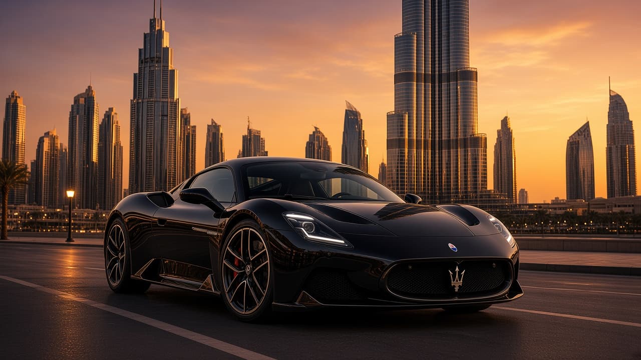 Maserati MC20 rental Dubai with Burj Khalifa skyline