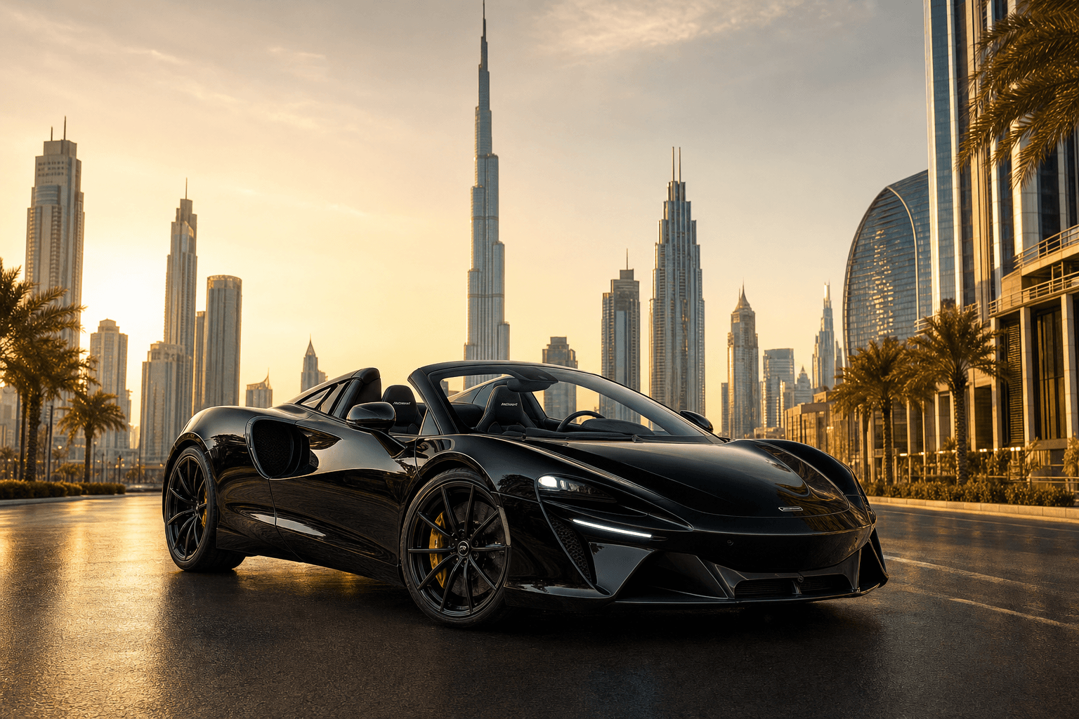 McLaren Artura Spider rental Dubai with skyline backdrop