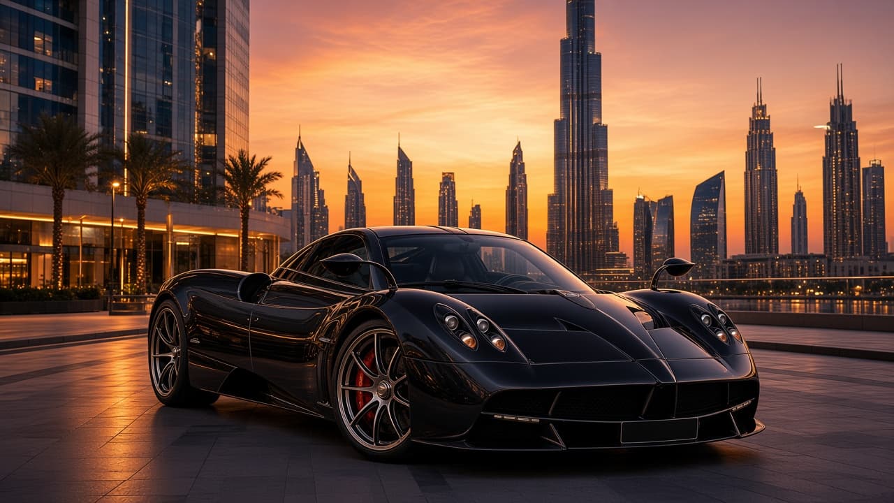 Pagani Huayra rental Dubai with skyline backdrop