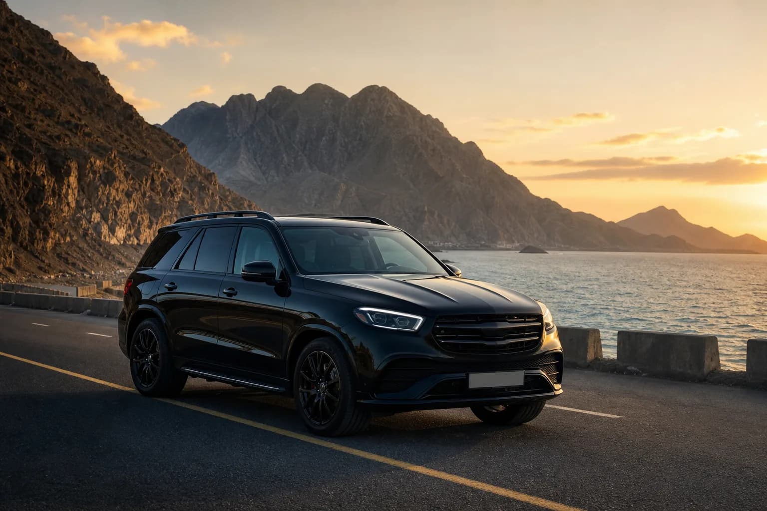 Luxury SUV on Fujairah coastal road with Hajar Mountains and Gulf of Oman