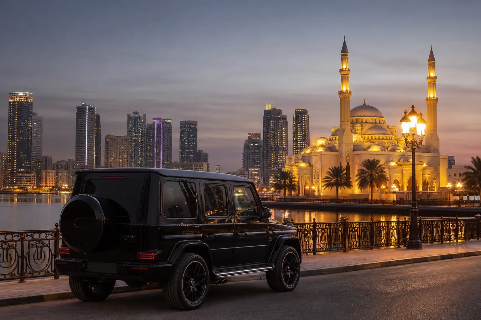 Mercedes G63 at Sharjah waterfront with Al Noor Mosque and Khalid Lagoon