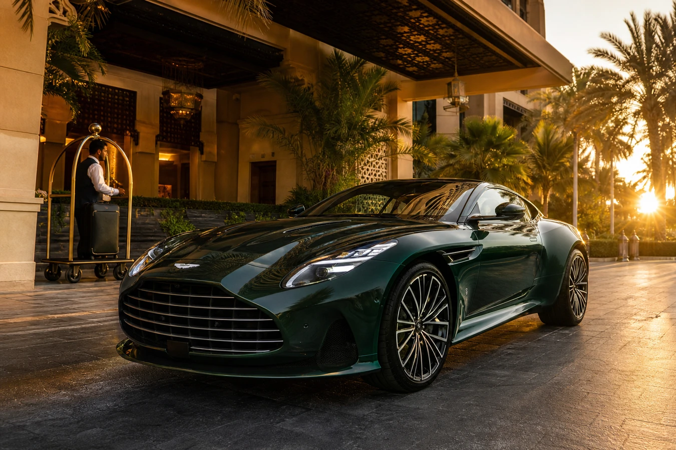 Aston Martin rental Dubai hero with a British Racing Green DB12 at a Jumeirah hotel porte-cochère in golden hour