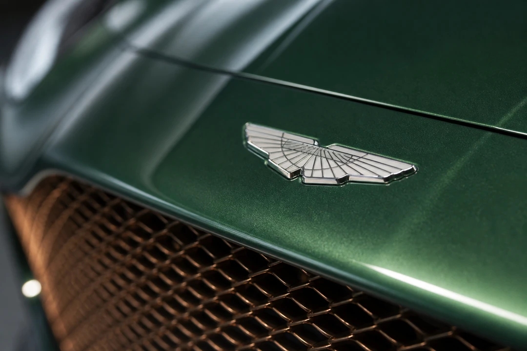 Aston Martin wings badge and mesh grille detail for Aston Martin rental Dubai model identity