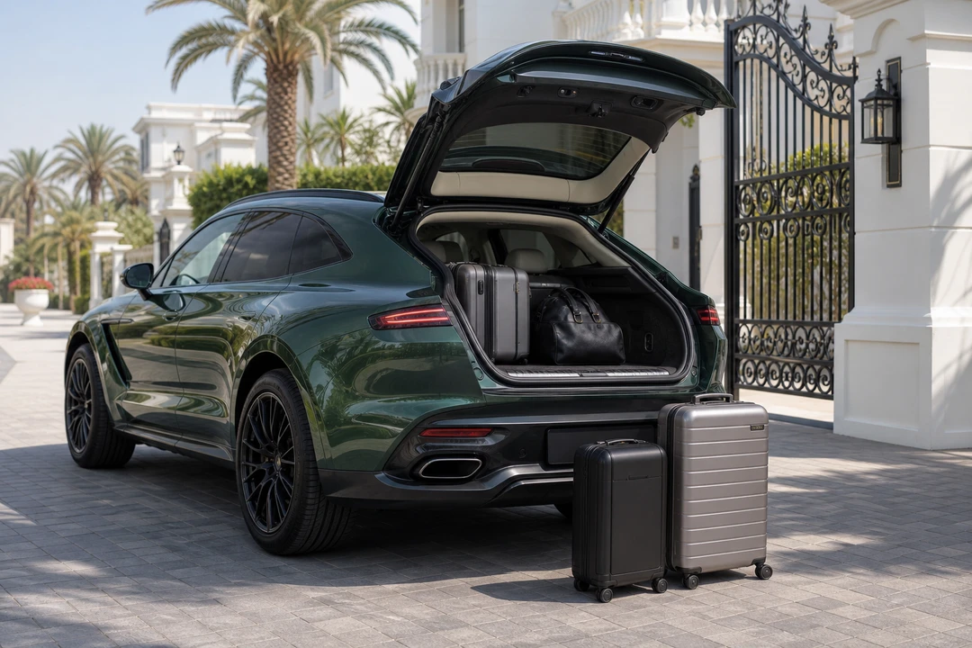 Aston Martin DBX open tailgate with roller cases at a Palm villa for luxury car rental Dubai luggage weeks
