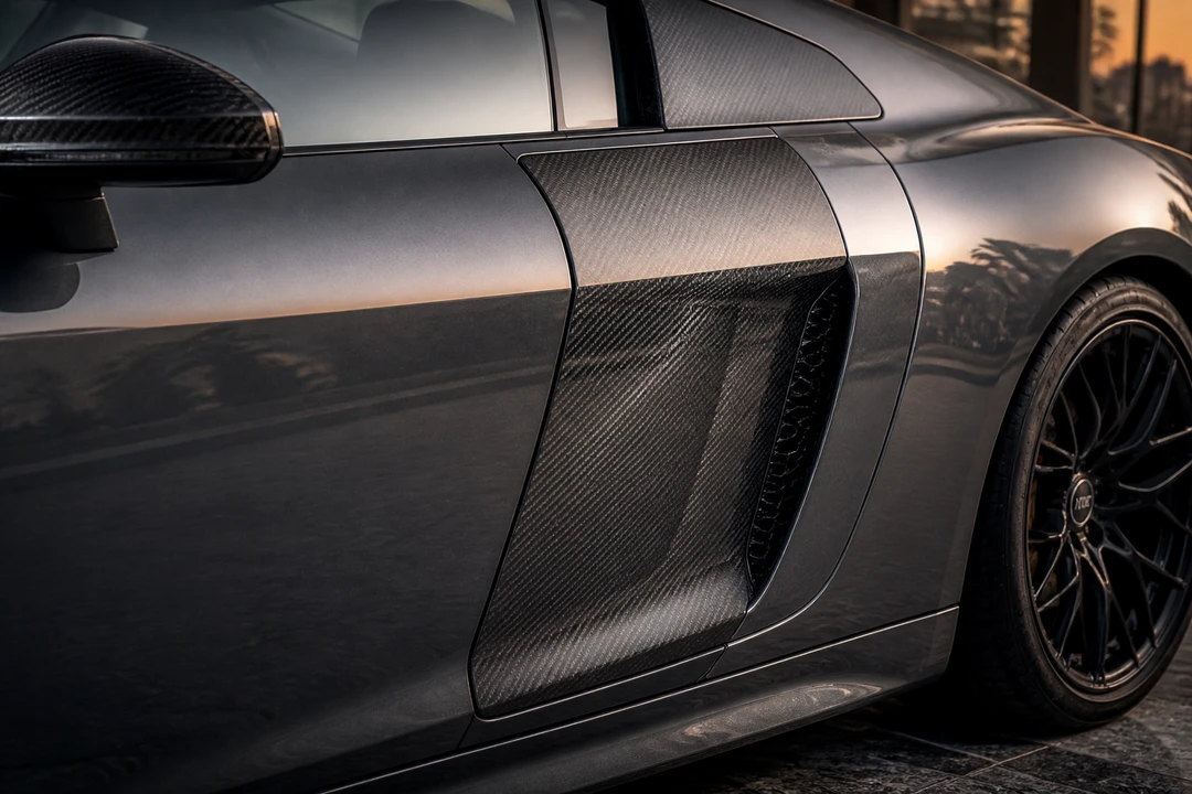 Audi R8 sideblade close-up for Audi R8 rental Dubai guide walking-speed identity