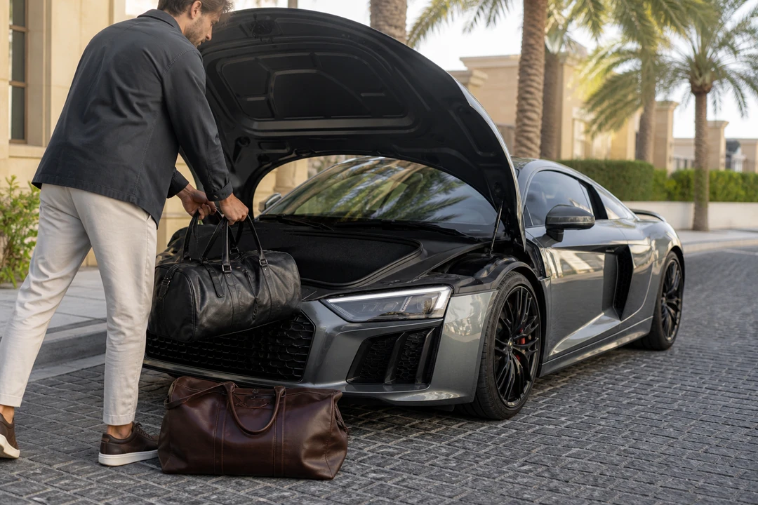 Audi R8 front boot with two soft duffels at a Jumeirah hotel kerb for luxury car rental Dubai packing