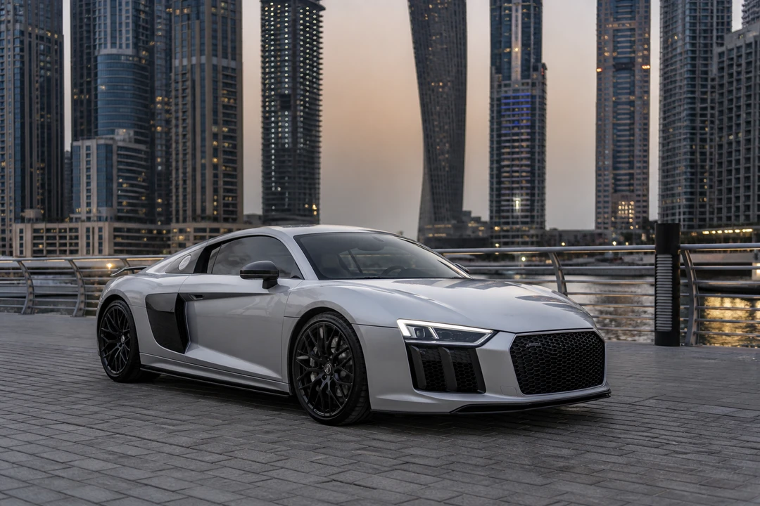 Audi R8 exterior at Dubai Marina for luxury car comparison Dubai supercar rental Dubai