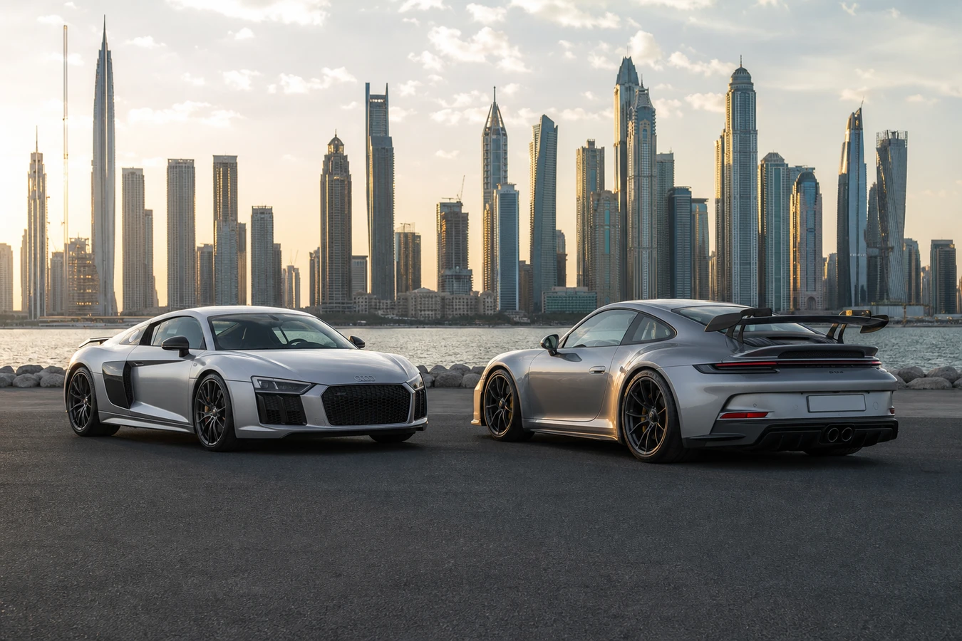 Audi R8 vs Porsche 911 rental Dubai: both cars parked side by side on a Dubai waterfront with the Marina skyline at golden hour