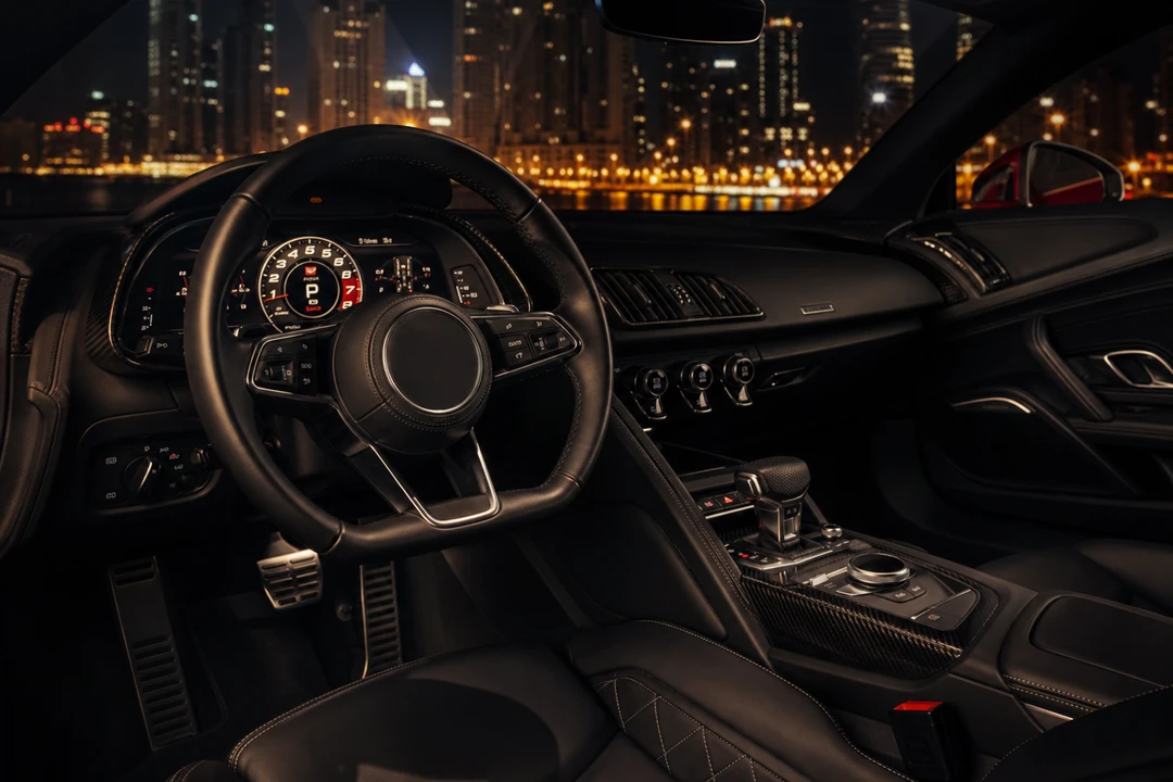 Audi R8 cockpit interior for luxury car hire Dubai with digital instrument cluster and carbon trim