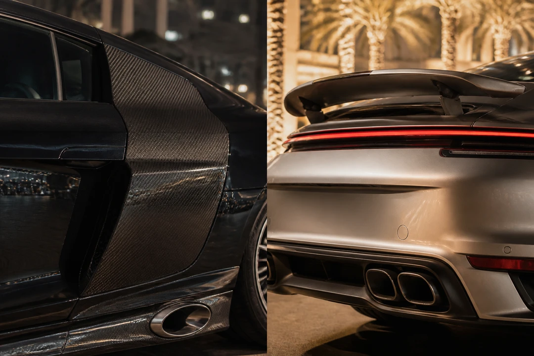 Audi R8 side blade and Porsche 911 rear spoiler detail for luxury car hire Dubai comparison