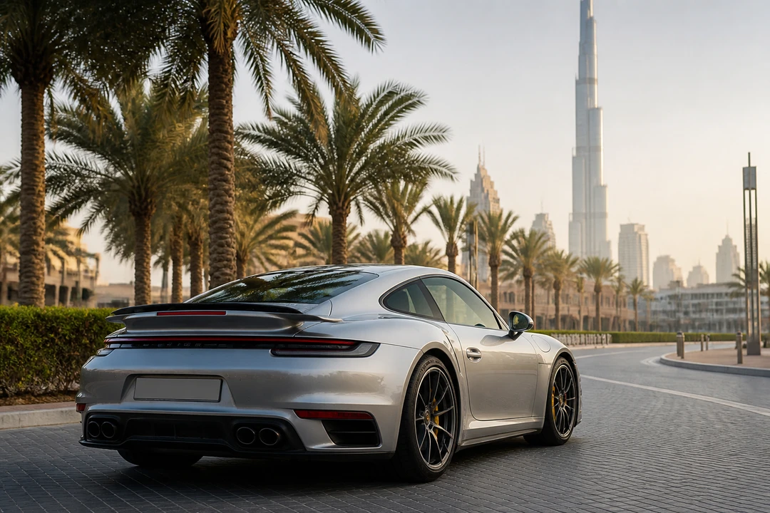 Porsche 911 Turbo S rear at Dubai Downtown Burj Khalifa for best luxury car Dubai comparison