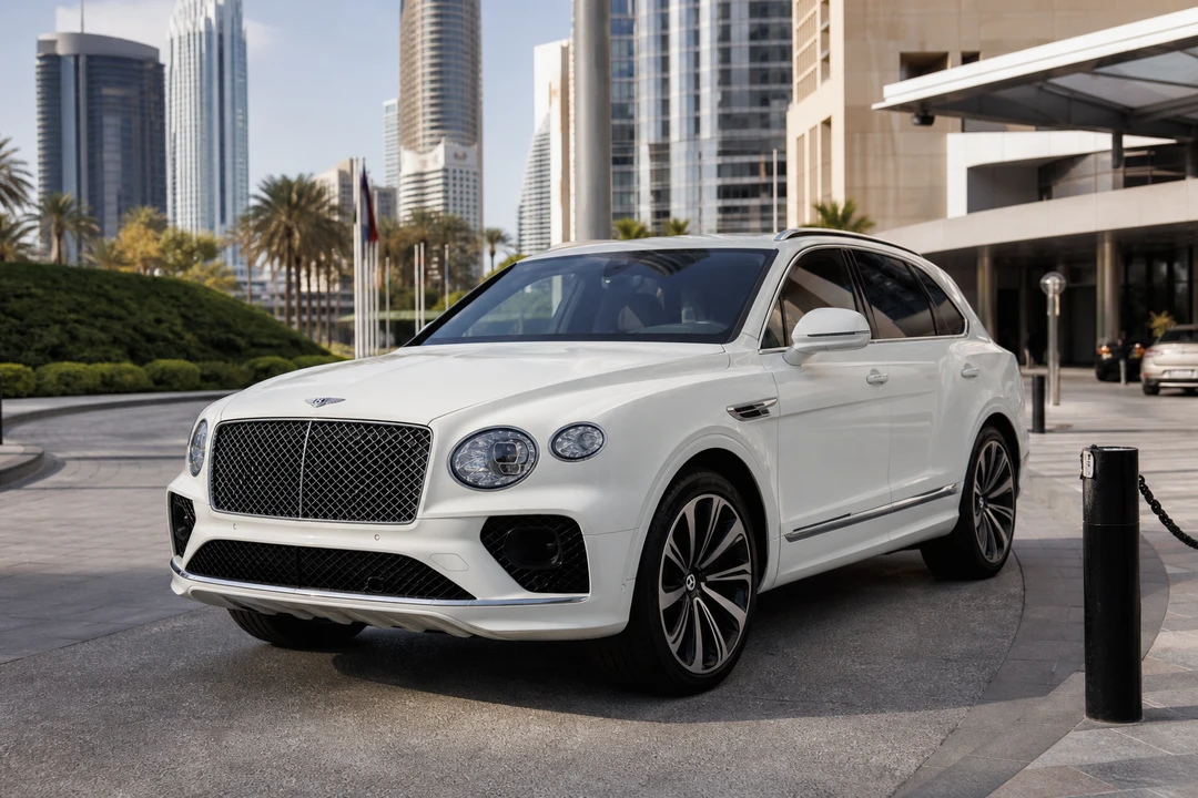 Bentley Bentayga exterior at Downtown Dubai hotel district for Bentley car rental Dubai city stays
